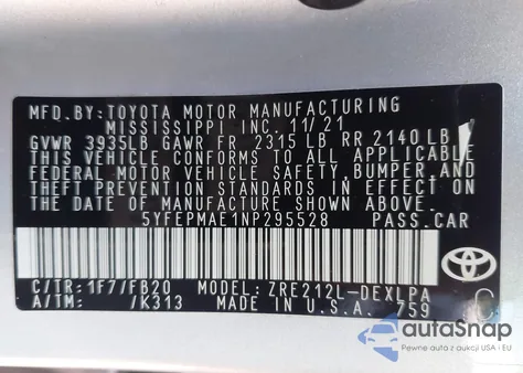 2022 Toyota Corolla Le from USA, damaged, VIN 5YFEPMAE1NP295528